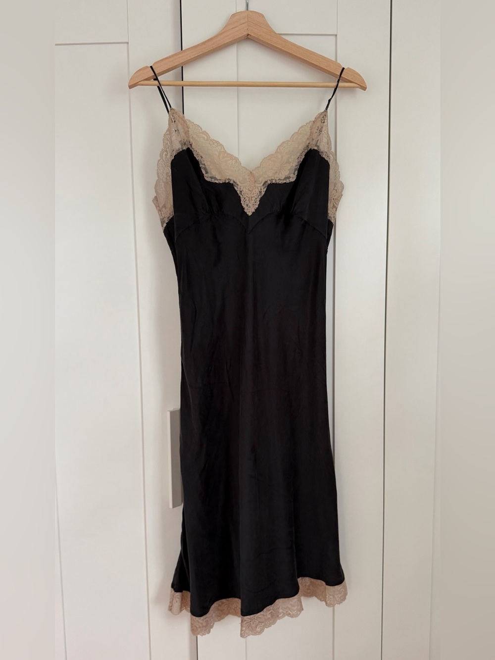 Y2K Vintage Victoria's Secret Black Silk Slip Dress Cream Lace Trim Nightgown M